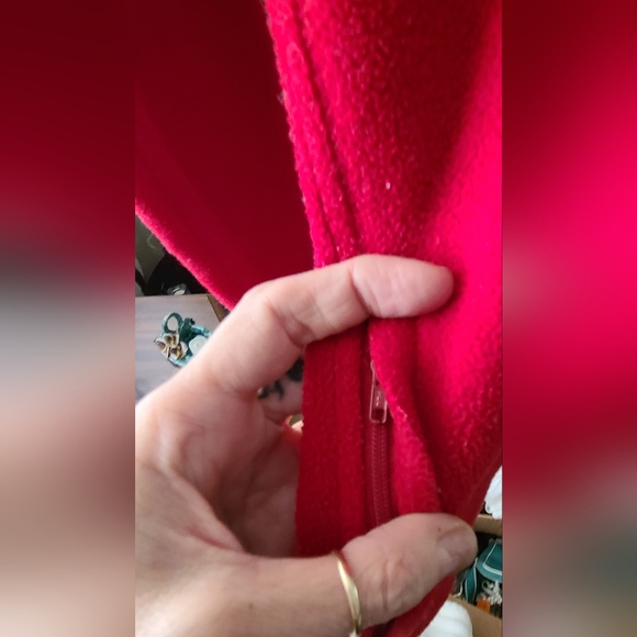 Red Fleece/Black Trim, Quarter-Zip Pullover With Zip Pockets. Great Shape - Picture 3 of 11